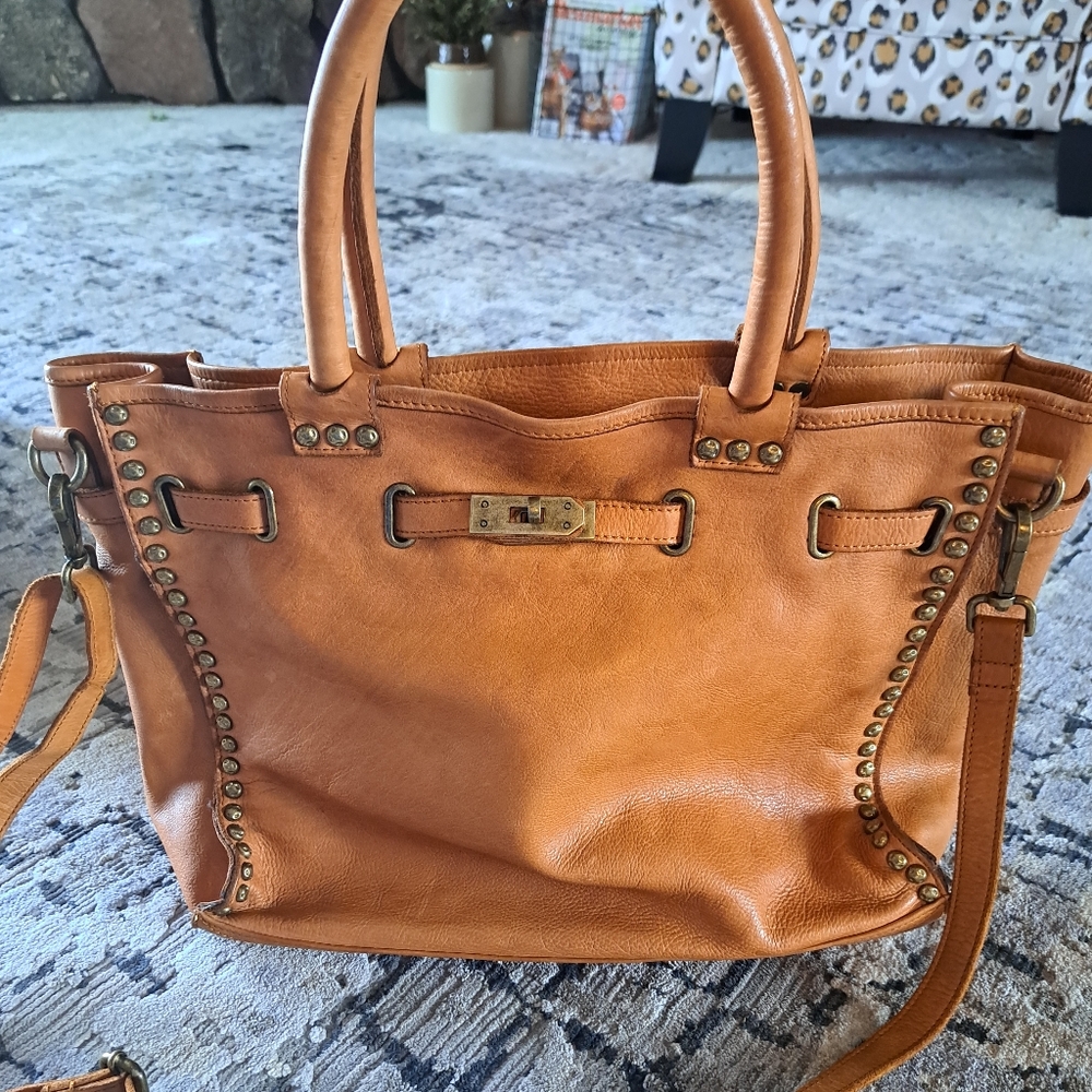 Tan Leather Shoulder Bag with Decorative Hardware